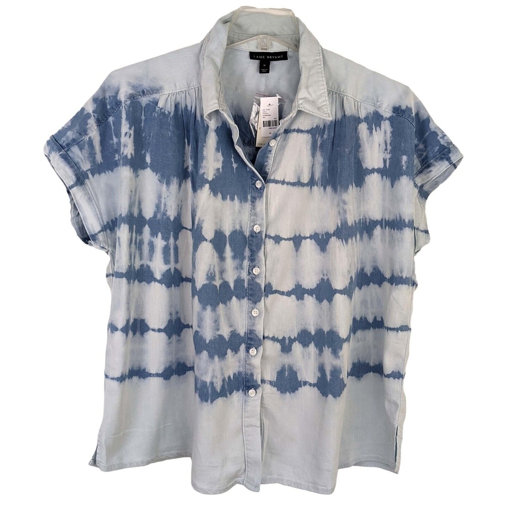 NWT Lane Bryant Women's 16 Chambray Blue Tie Dye Button Front Top Shirt
